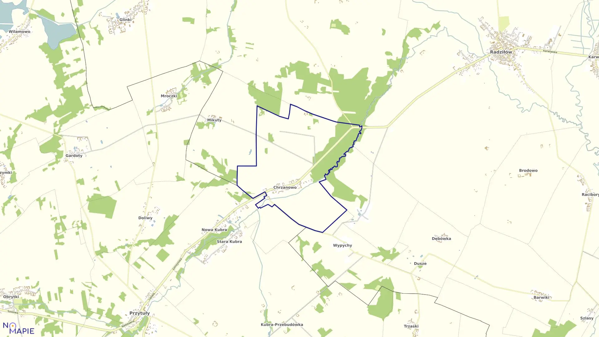 Mapa obrębu Chrzanowo w gminie Przytuły