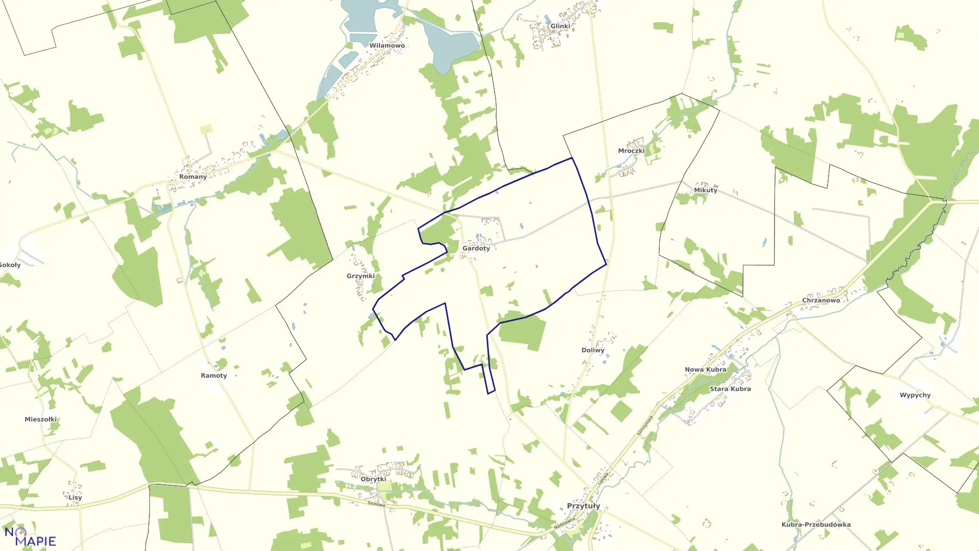 Mapa obrębu Gardoty w gminie Przytuły