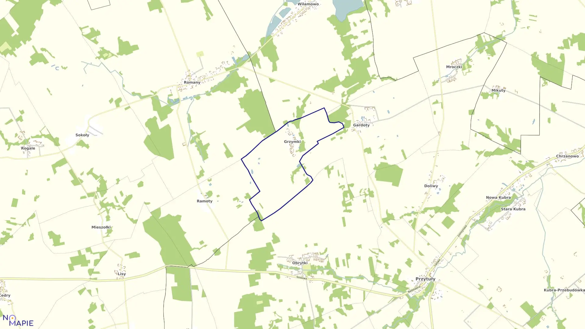 Mapa obrębu Grzymki w gminie Przytuły