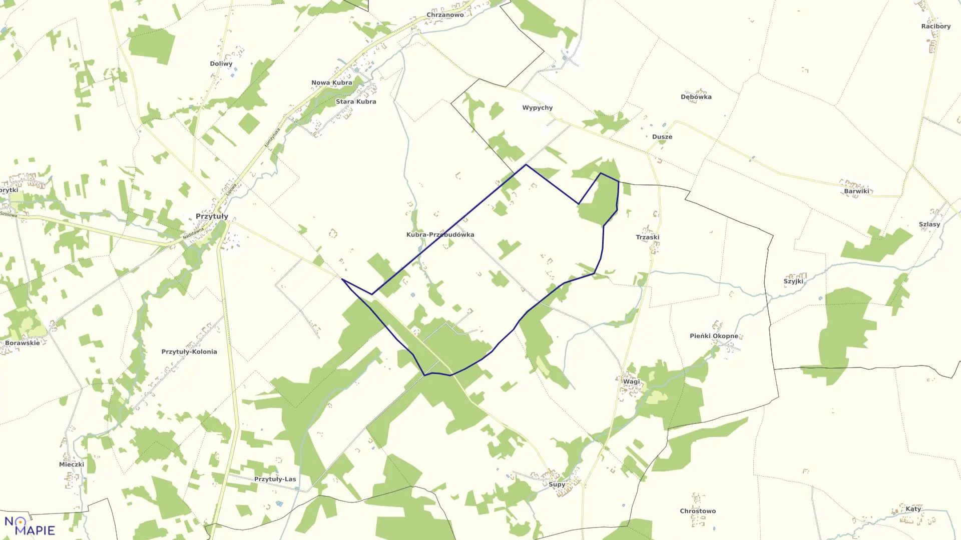 Mapa obrębu Kubra Przebudówka w gminie Przytuły