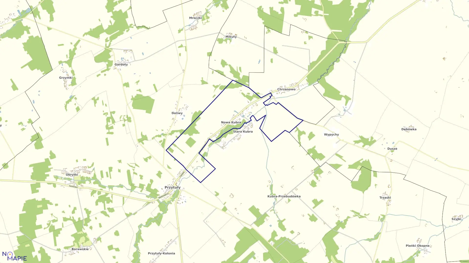 Mapa obrębu Nowa Kubra w gminie Przytuły
