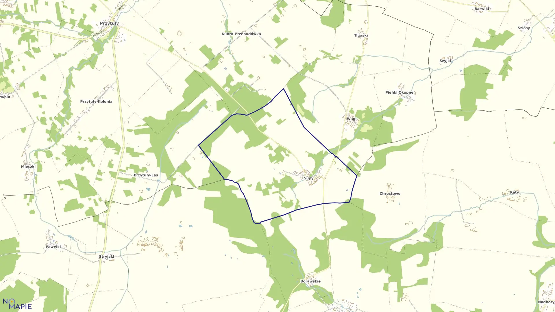 Mapa obrębu Supy w gminie Przytuły